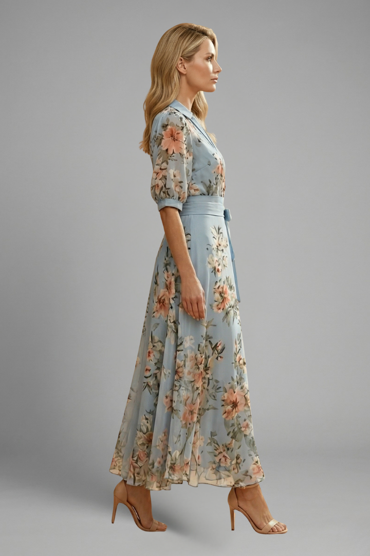 Women's midi dress - short sleeve v-neck patterned day dress for summer