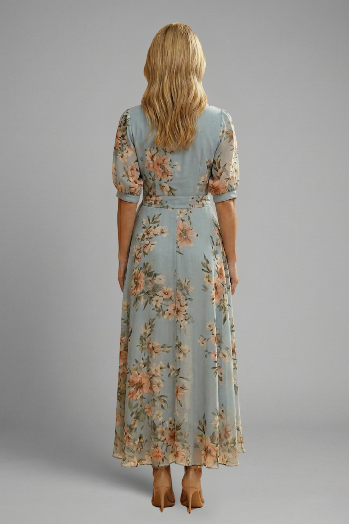 Women's midi dress - short sleeve v-neck patterned day dress for summer