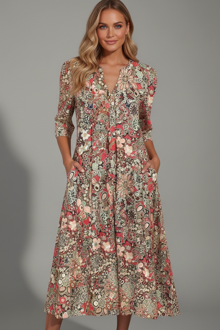 Women's midi dress - three-quarter sleeve V-neck relaxed fit dress for the beach