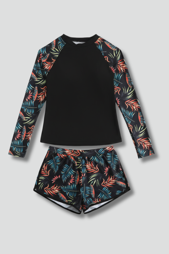Women's tankini swimsuit - long sleeve two-piece rash guard set with shorts