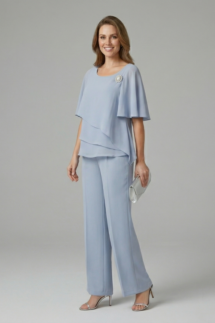 Women's two-piece set - short sleeve layered top and straight leg trousers | home