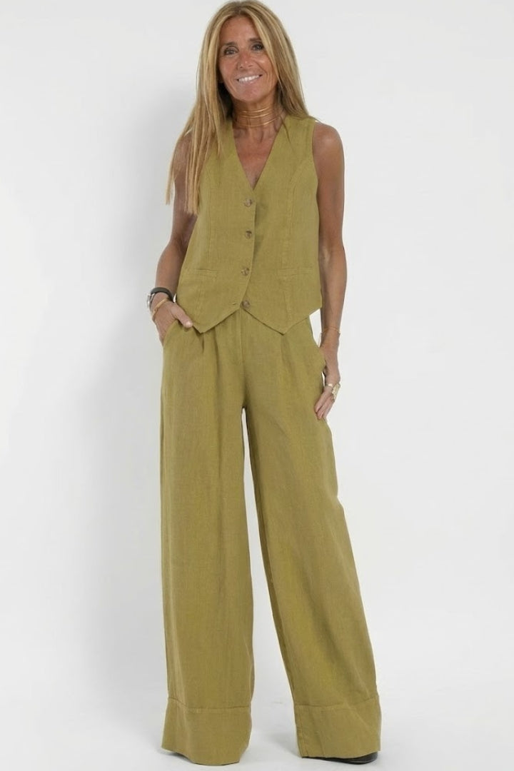 Women's two-piece suit - buttoned V-neck vest and wide-leg trousers | office wear