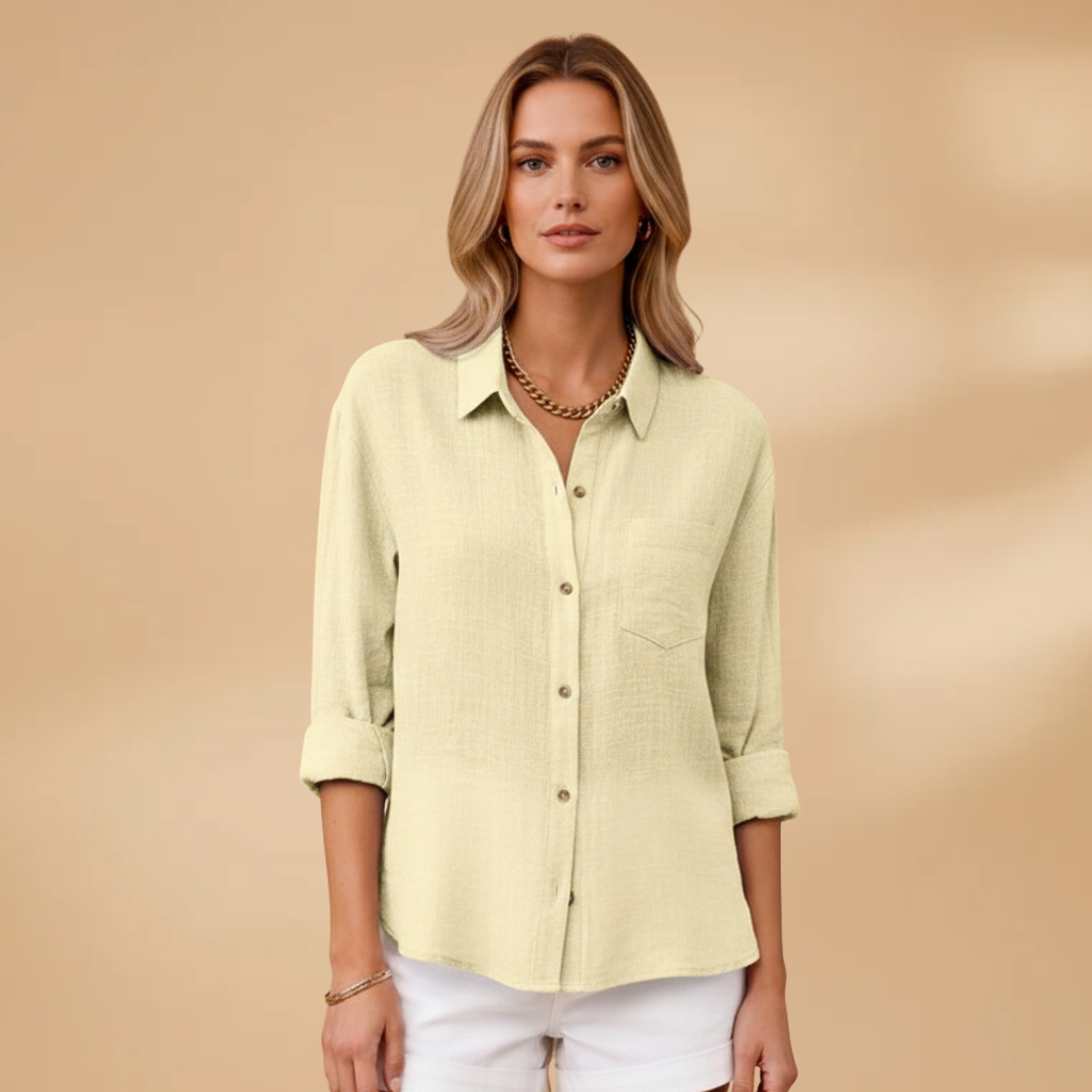 Women's short-sleeve blouse - tailored round neck shirt with button placket | home