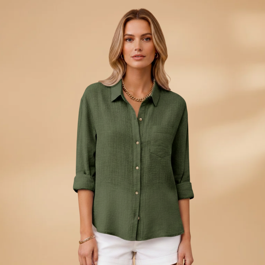 Women's short-sleeve blouse - tailored round neck shirt with button placket | home