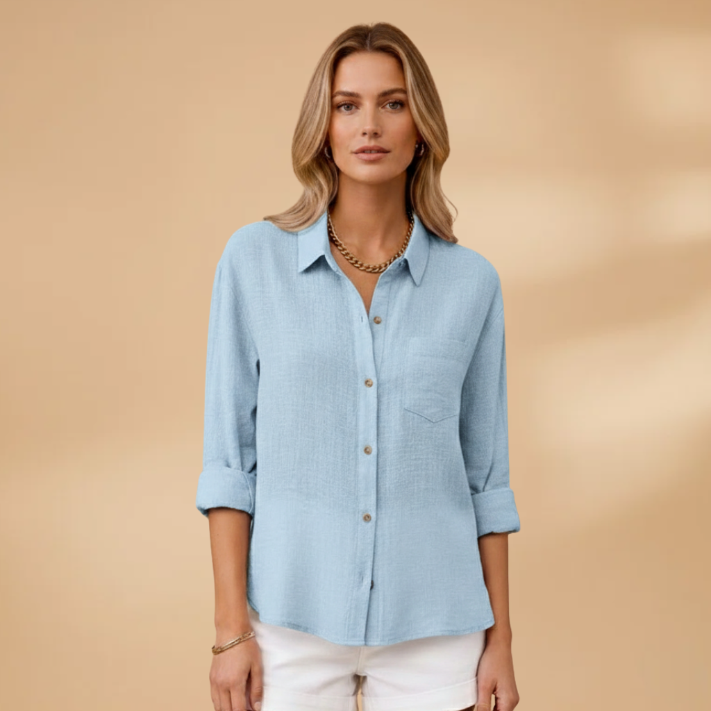 Women's short-sleeve blouse - tailored round neck shirt with button placket | home