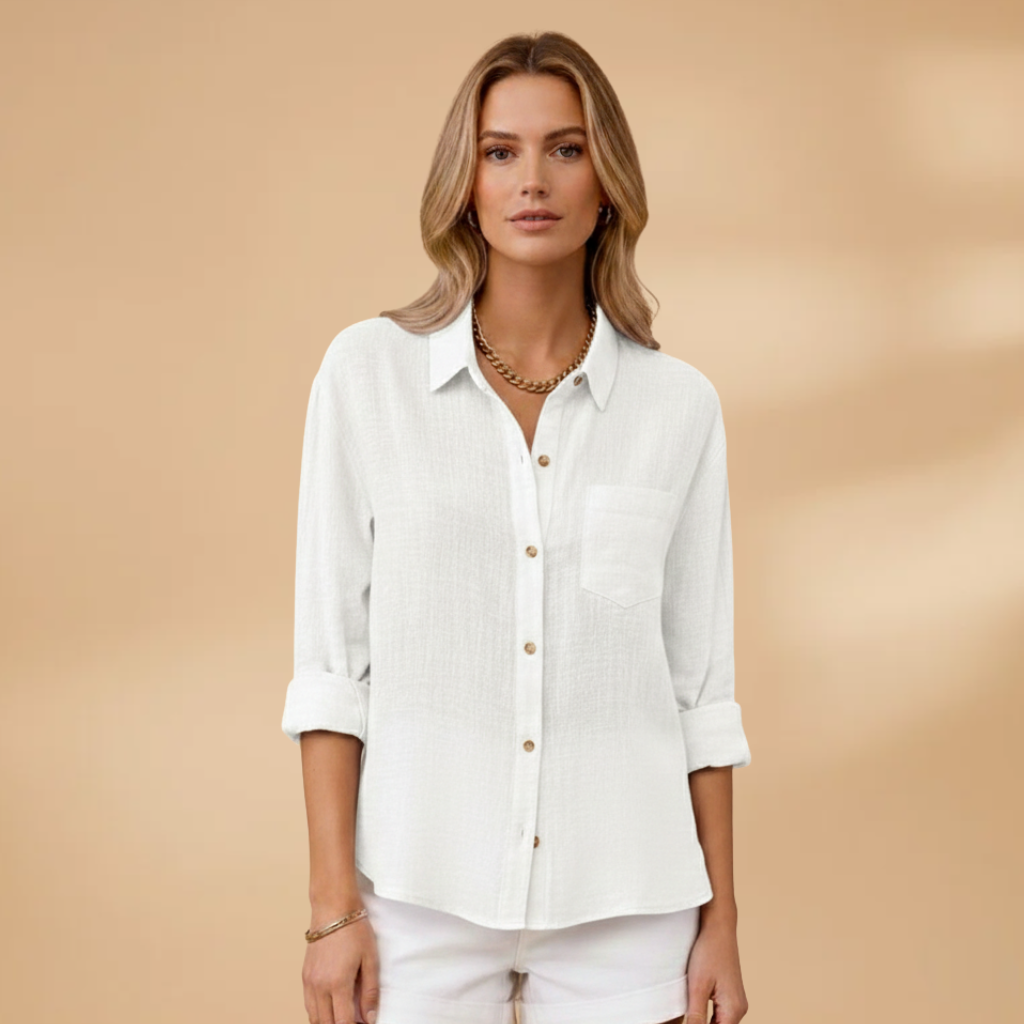 Women's short-sleeve blouse - tailored round neck shirt with button placket | home