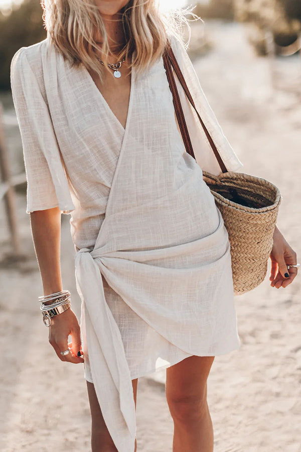 Linen Blend Wrap Mini Dress