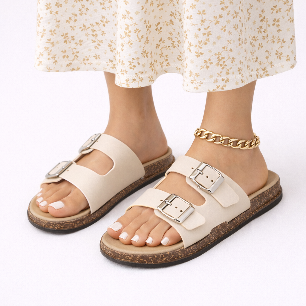 Double Buckle Flat Sandals