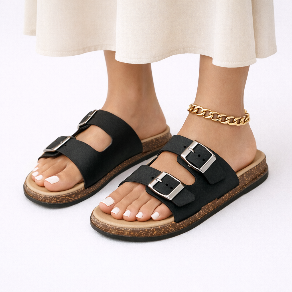 Double Buckle Flat Sandals