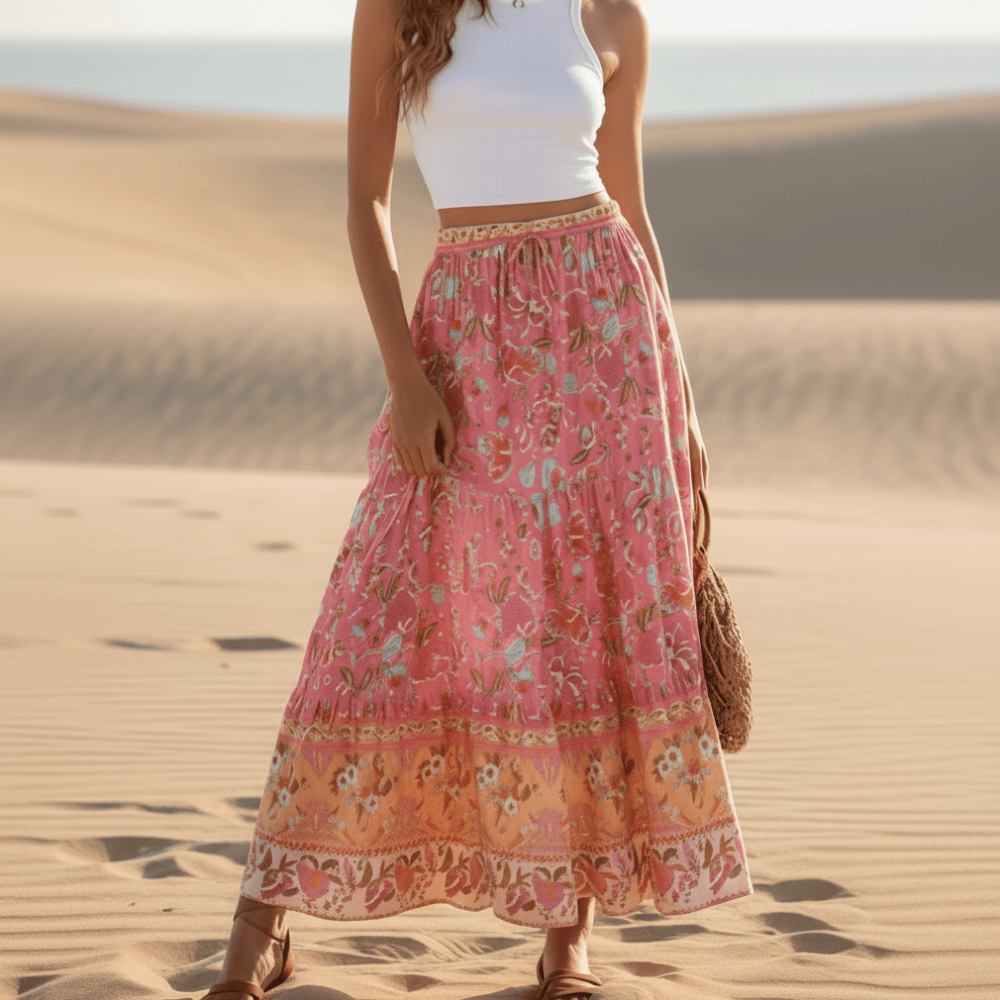 Maxi skirt for women - cotton a-line elastic waist - beach