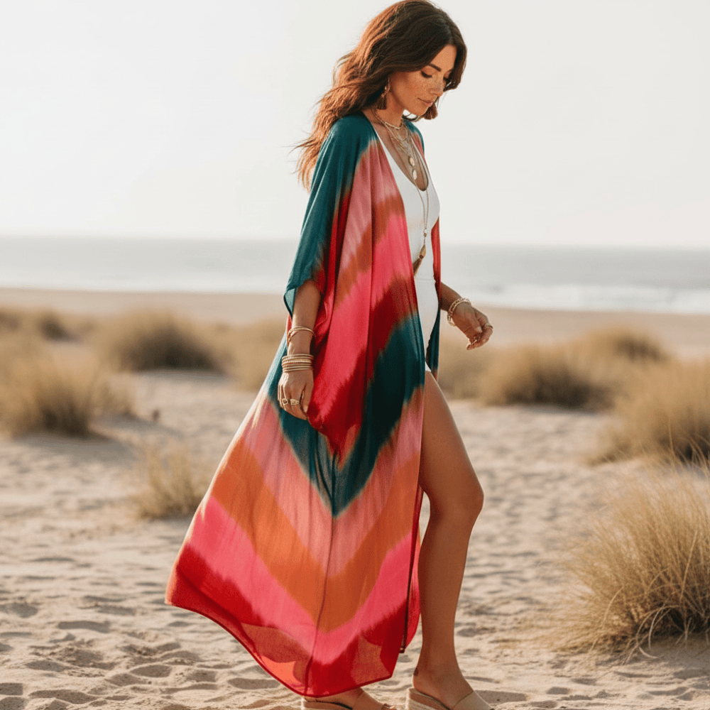 Striped kimono for women — flowy beach cover up — tropical travel