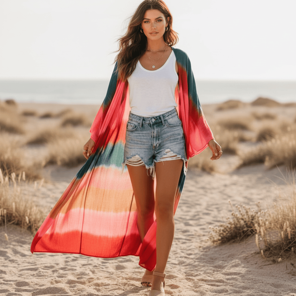 Striped kimono for women — flowy beach cover up — tropical travel