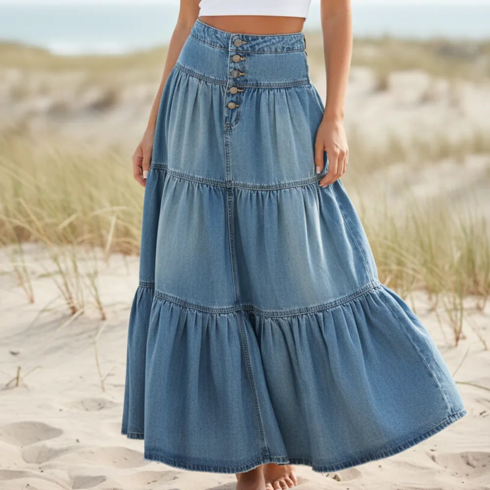 Maxi skirt for women — denim high waist ruffled — beach