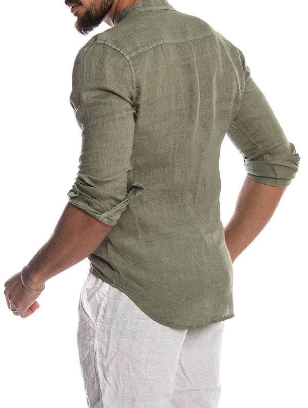 Men's Linen Band Collar Shirt