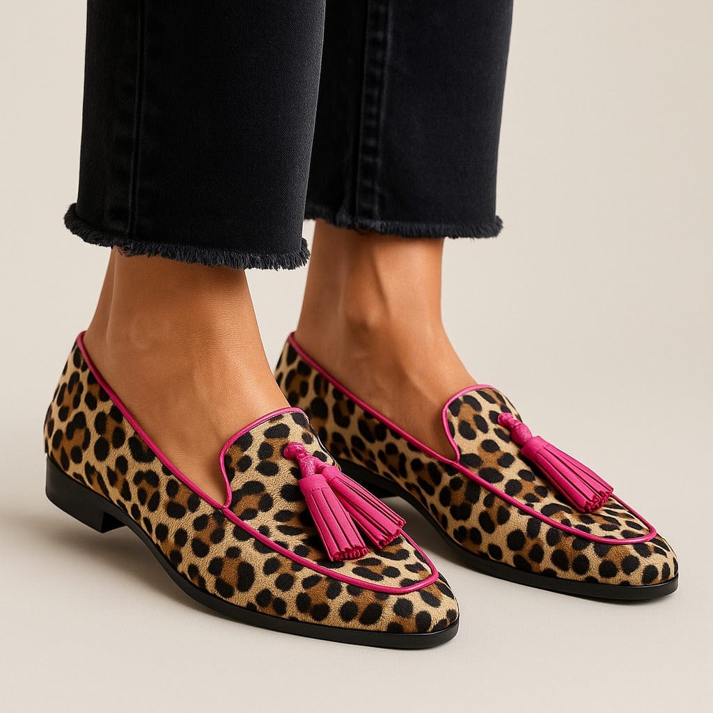 Women's casual loafers - animal print slip-on shoes with tassel fringe | weekend