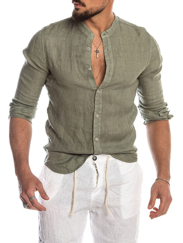 Men's Linen Band Collar Shirt