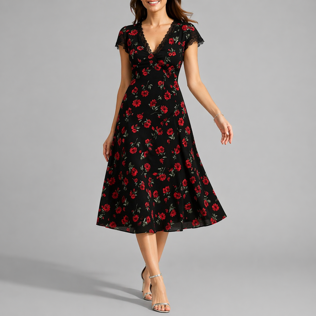 Floral Midi Dress With Lace