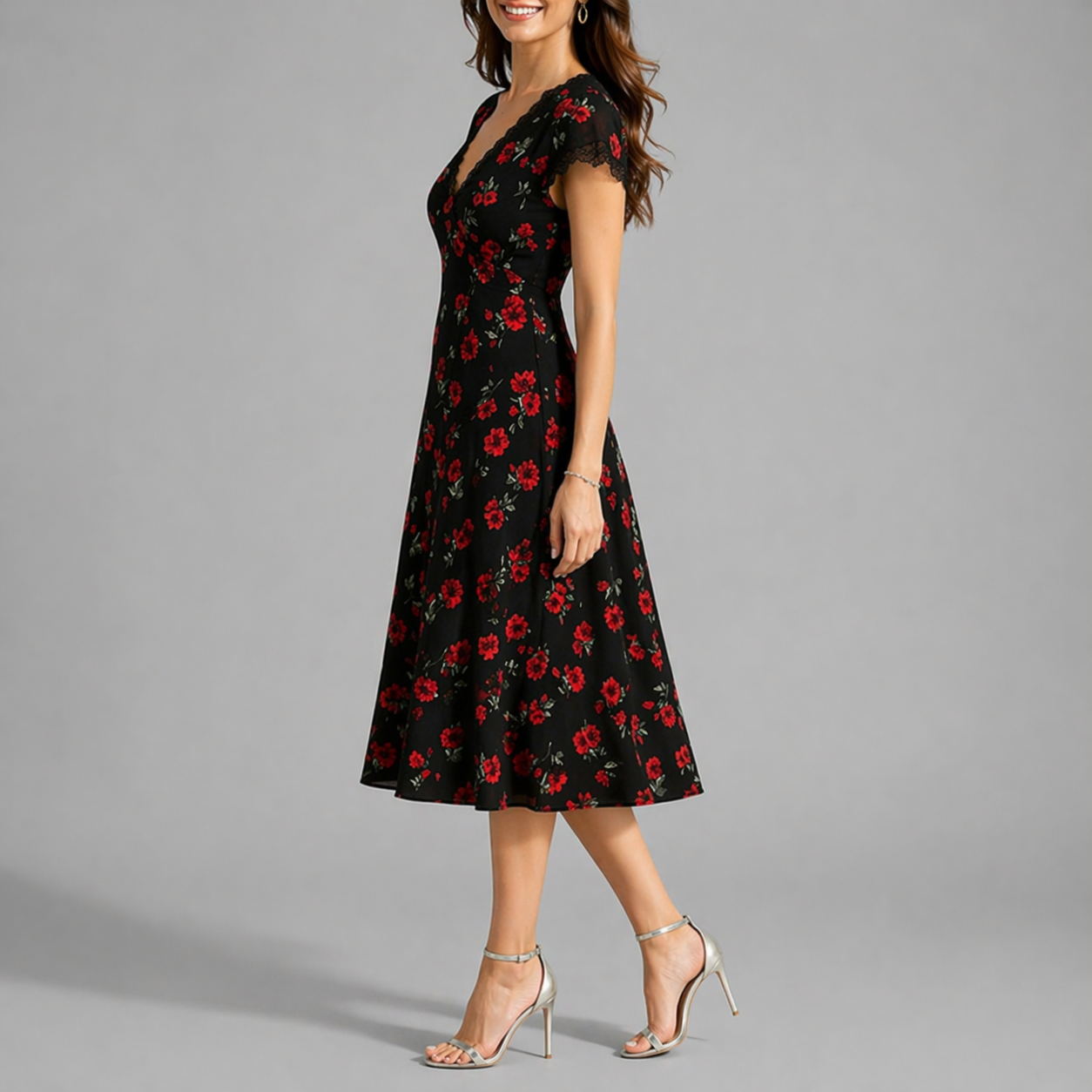 Floral Midi Dress With Lace
