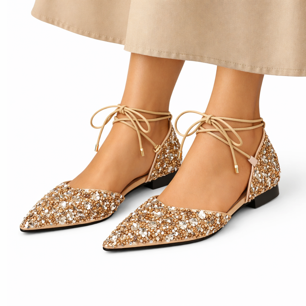 Crystal Embellished Lace-Up Flats