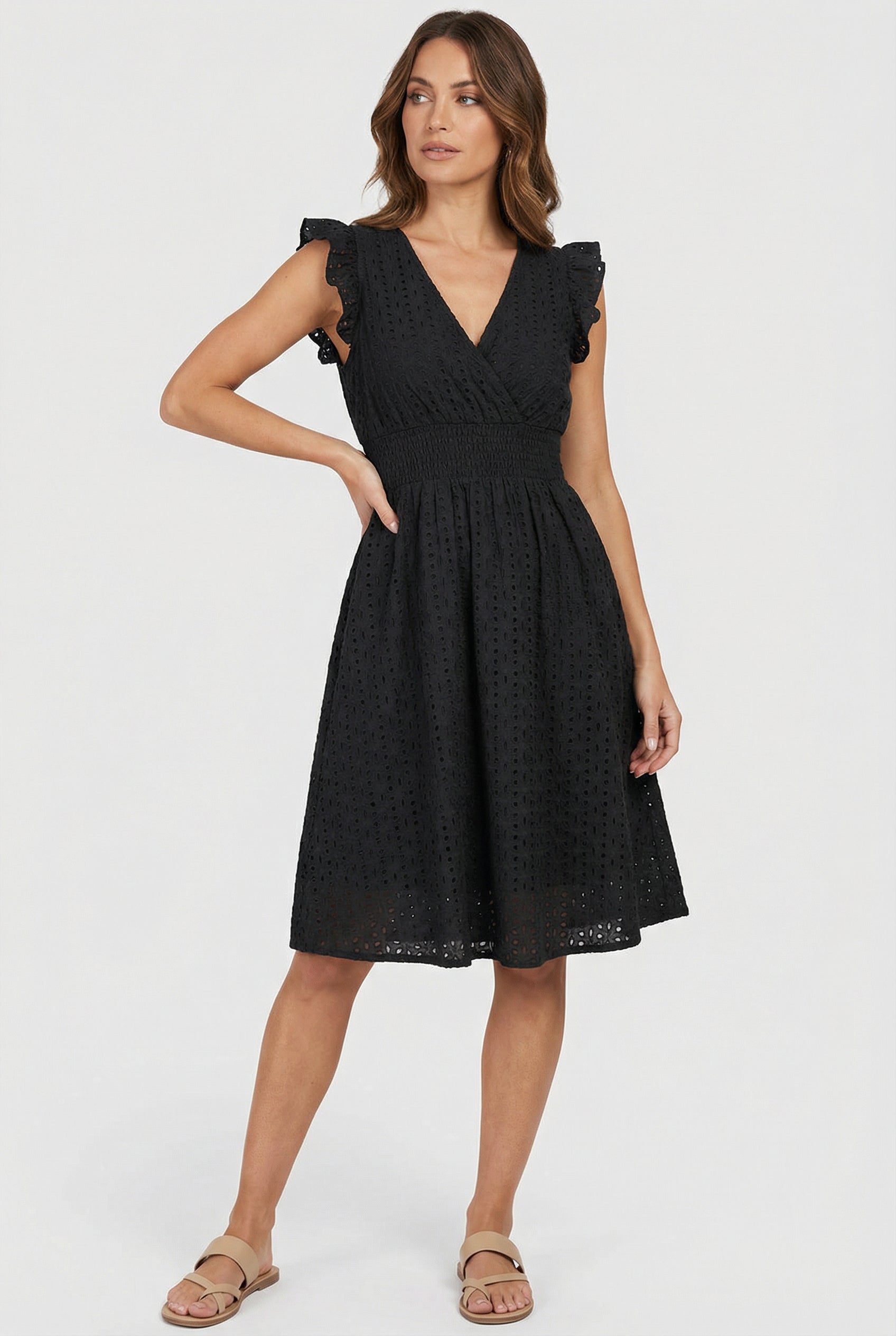 Women's A-line dress - eyelet midi summer dress with smocked waist | garden party