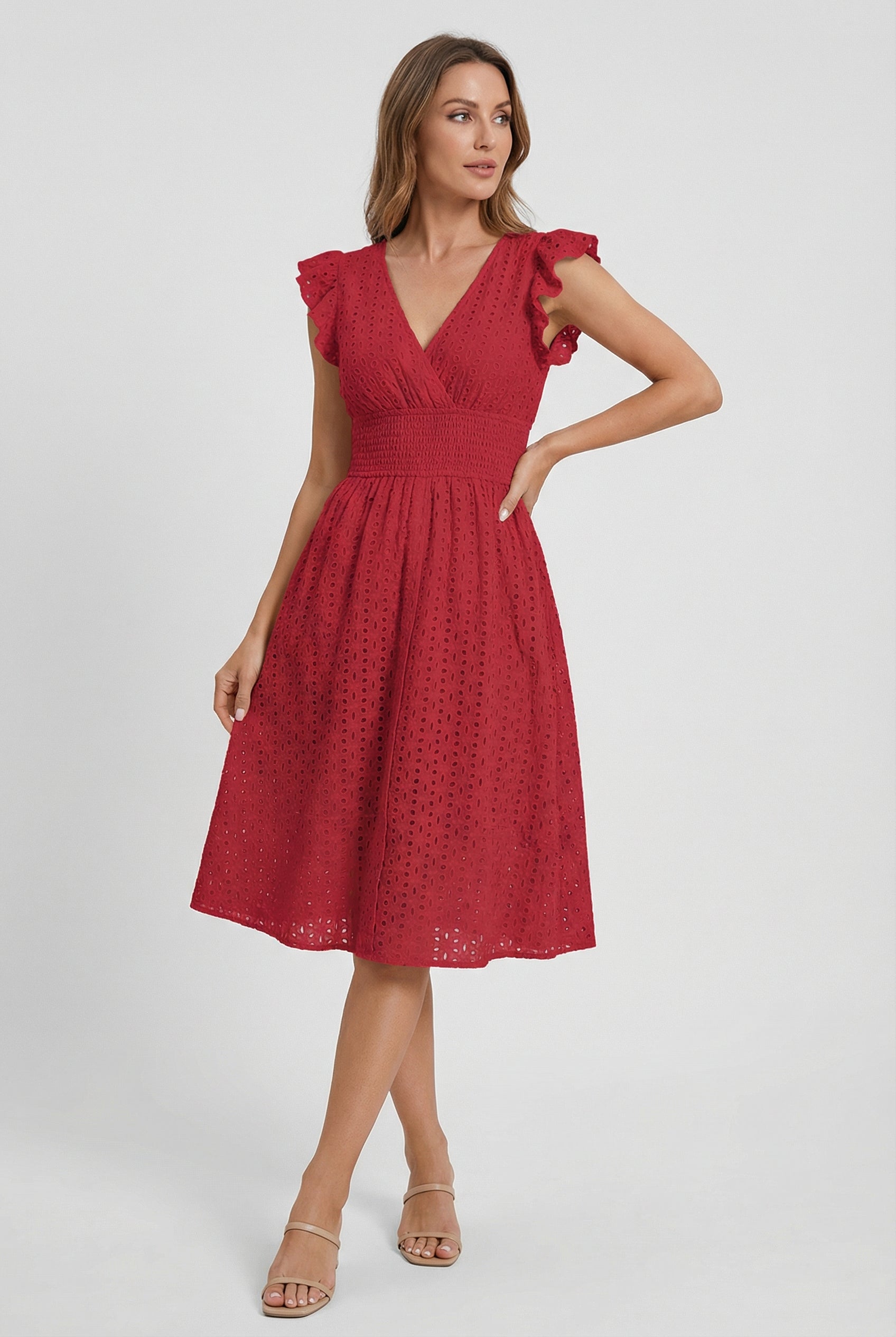 Women's A-line dress - eyelet midi summer dress with smocked waist | garden party