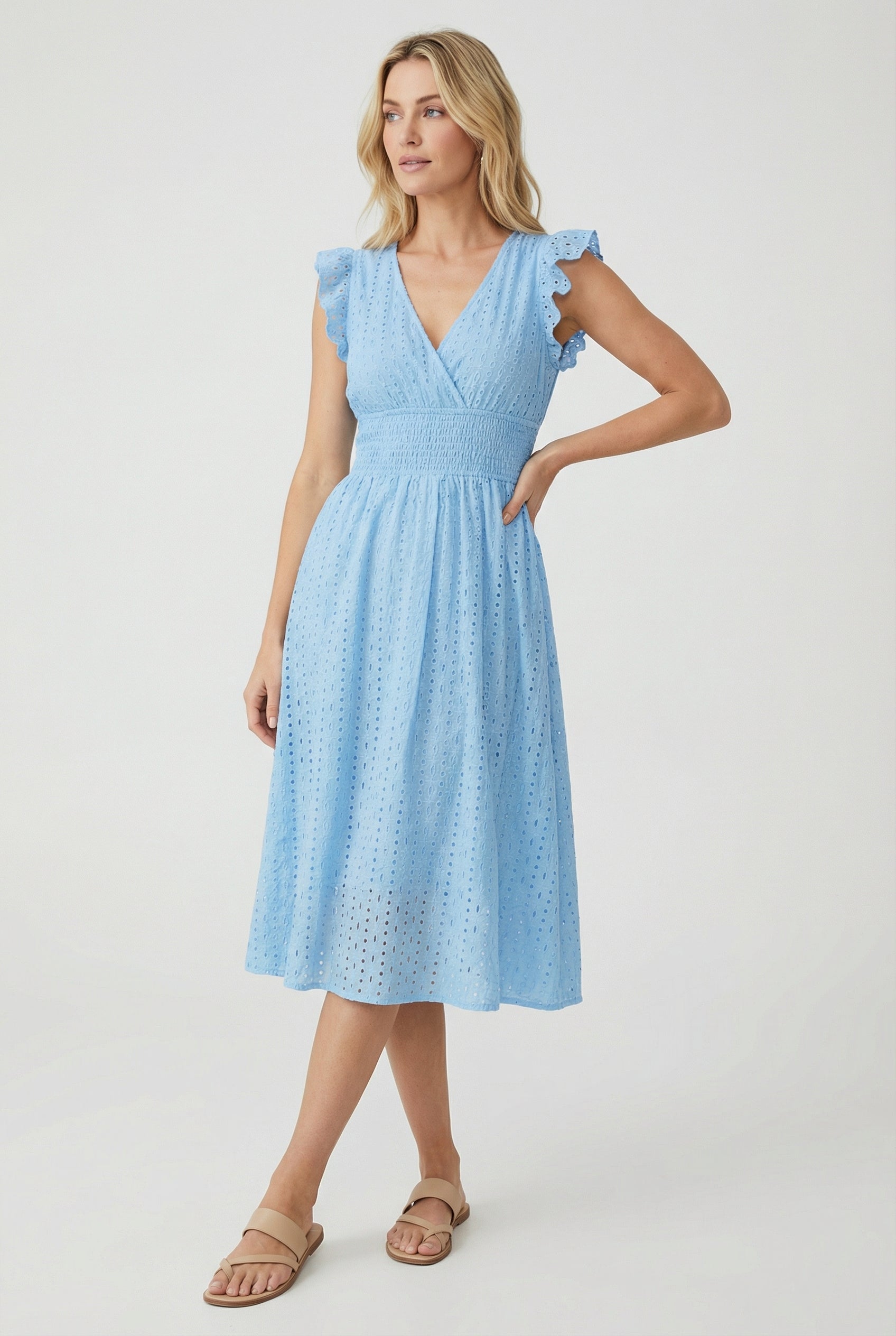 Women's A-line dress - eyelet midi summer dress with smocked waist | garden party