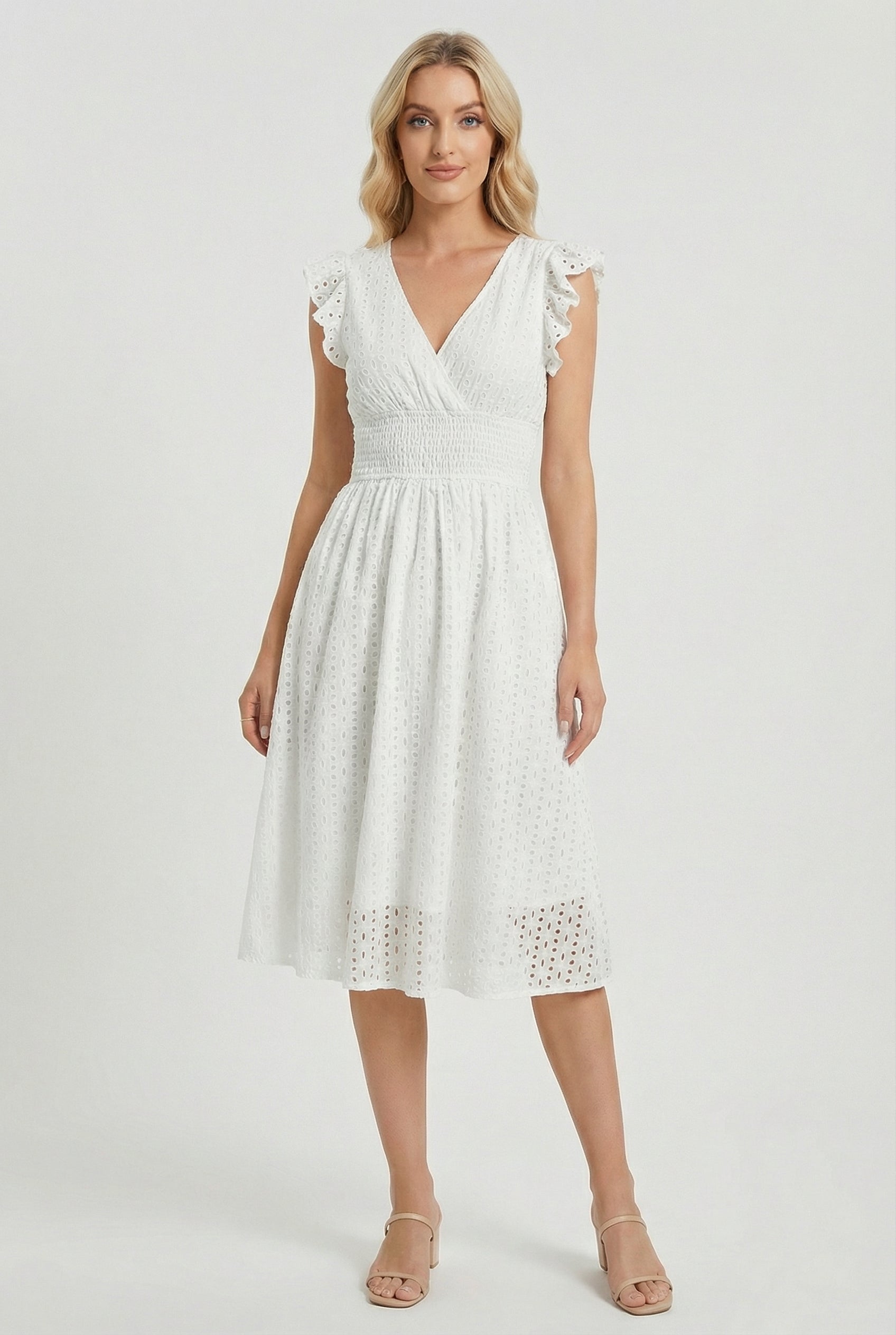 Women's A-line dress - eyelet midi summer dress with smocked waist | garden party