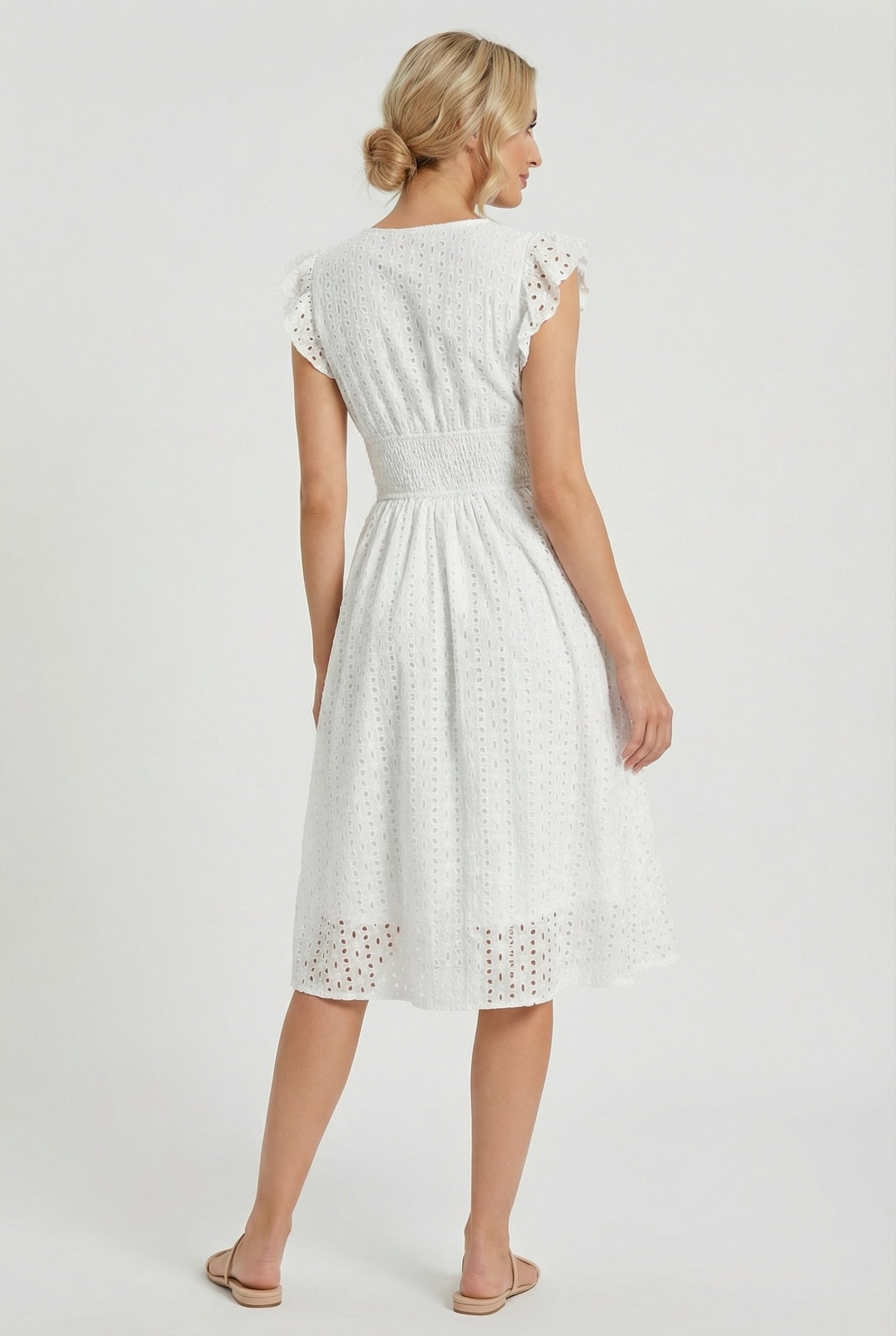 Women's A-line dress - eyelet midi summer dress with smocked waist | garden party