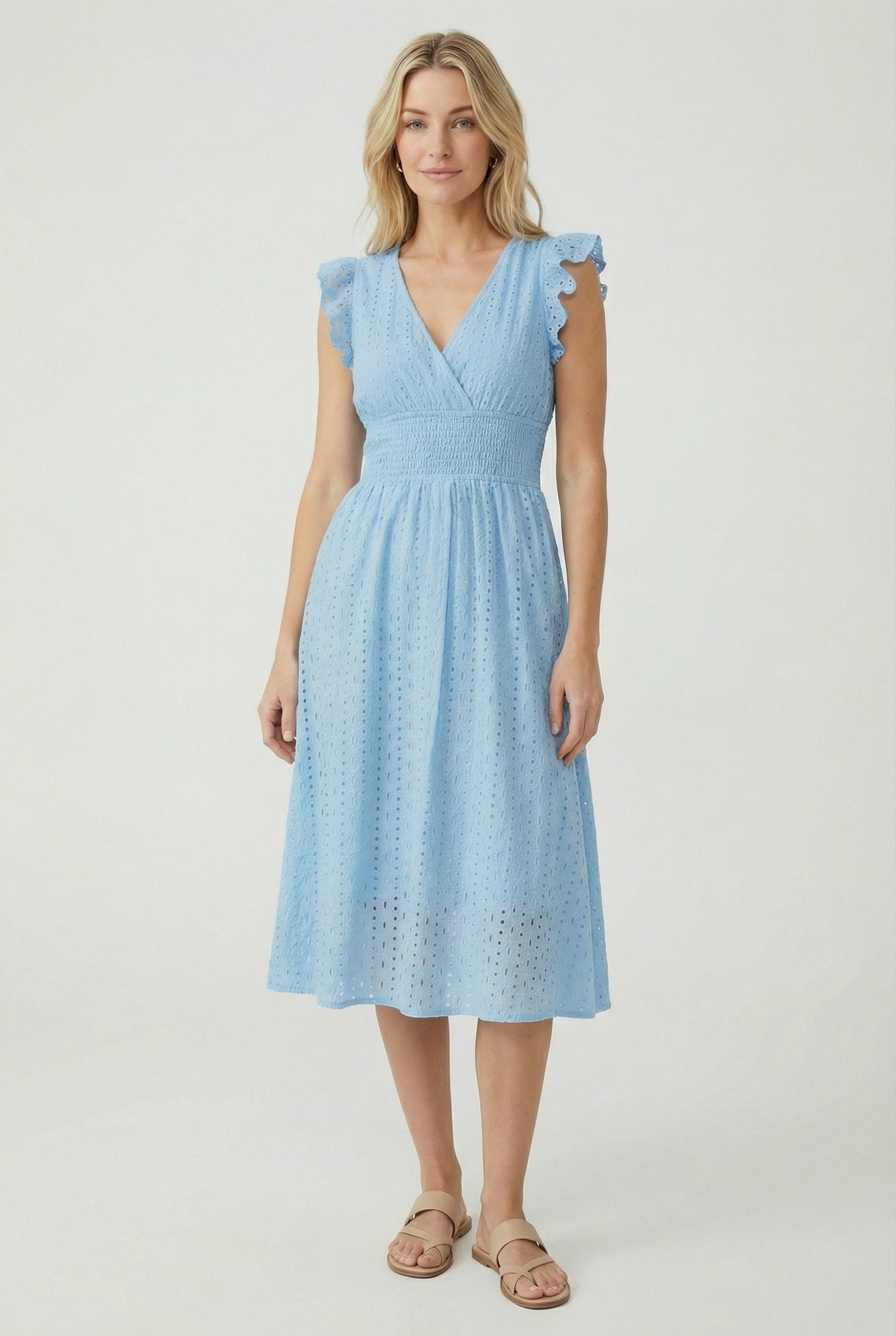 Women's A-line dress - eyelet midi summer dress with smocked waist | garden party