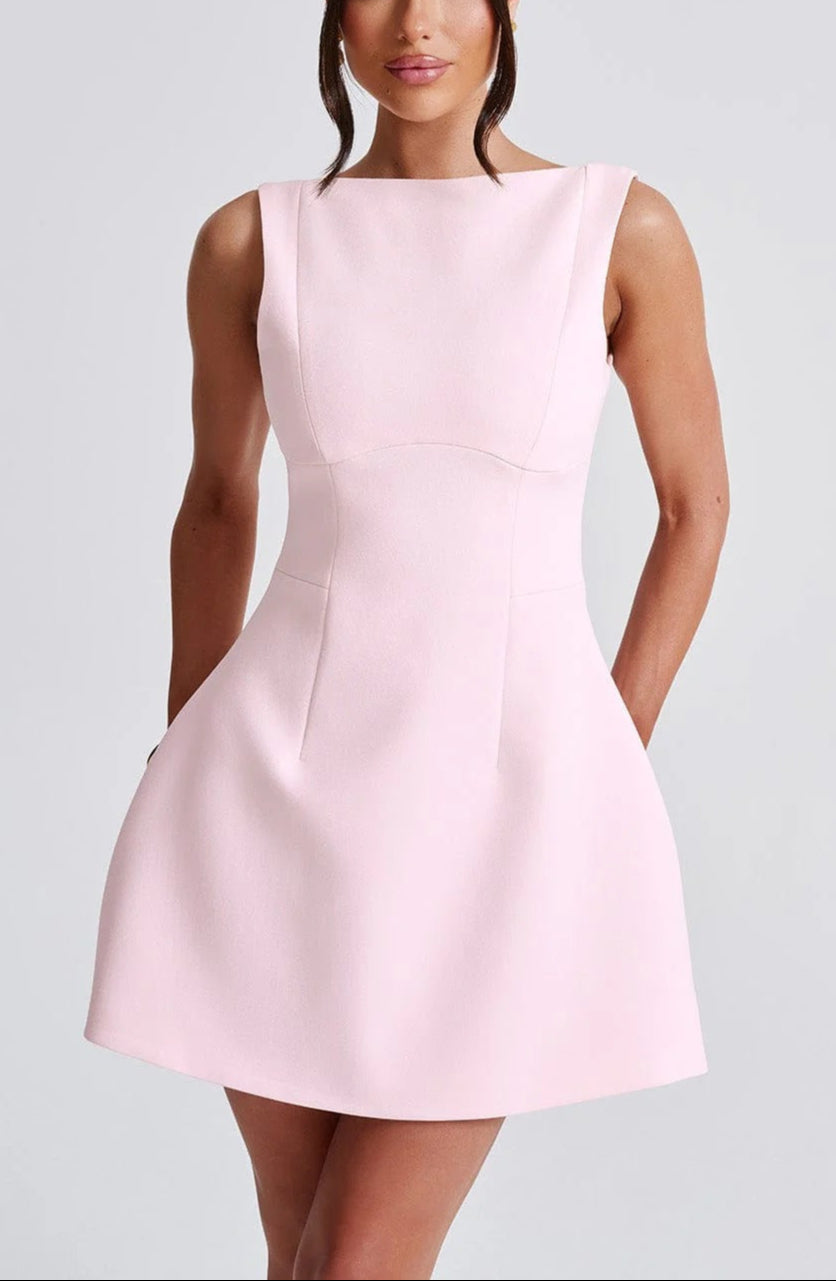 Women's mini dress - crepe bubble skirt with boat neckline | cocktail party