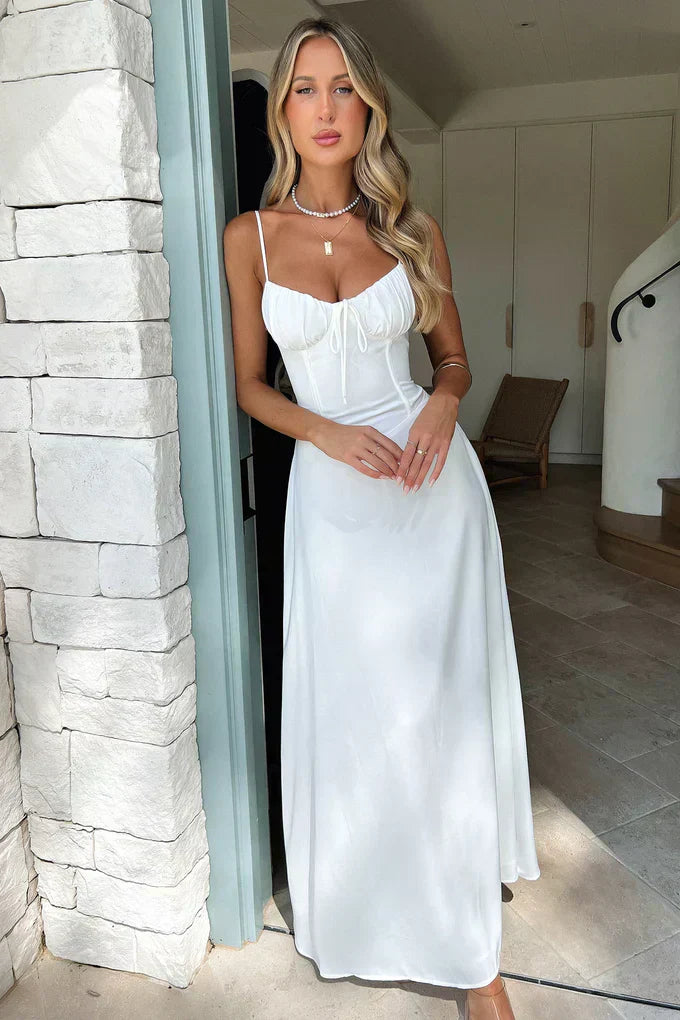 Women's maxi dress - sweetheart neckline with tie-front | summer evening
