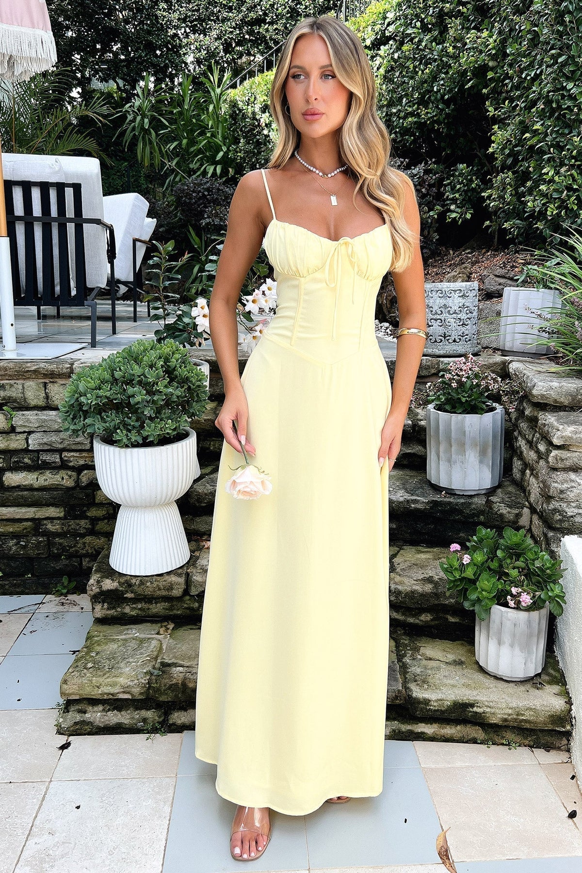 Women's maxi dress - sweetheart neckline with tie-front | summer evening