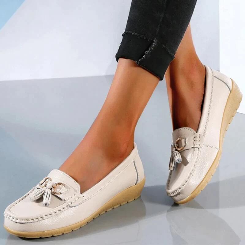 Women's leather loafers - flat walking shoes with tassels - casual office