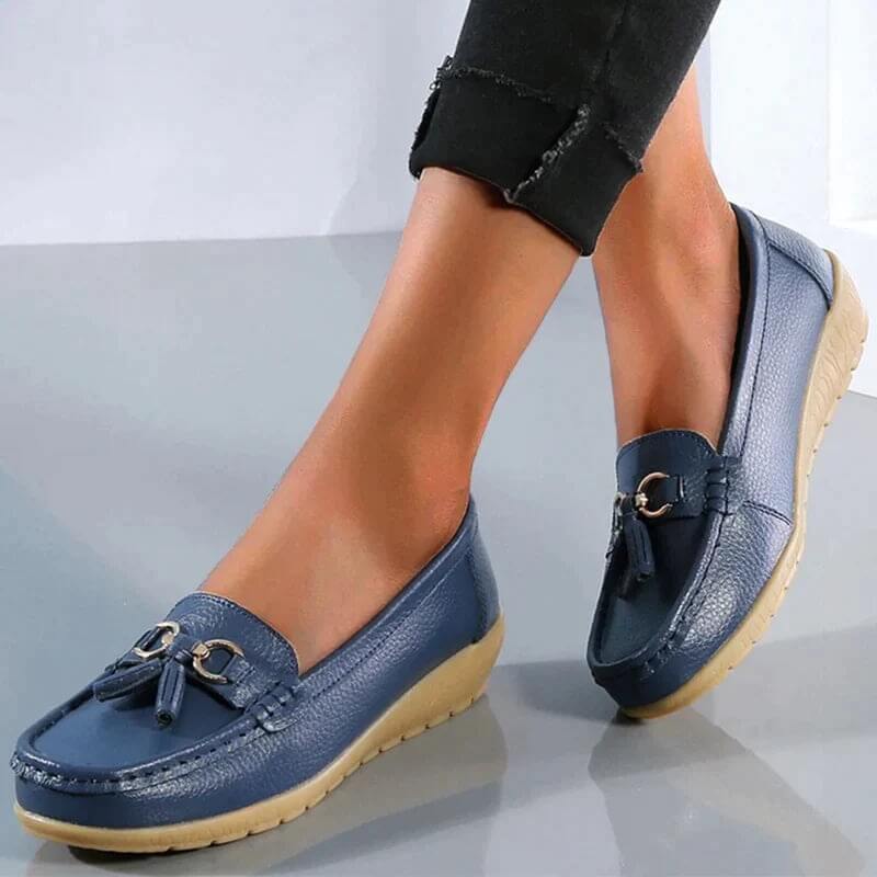 Women's leather loafers - flat walking shoes with tassels - casual office