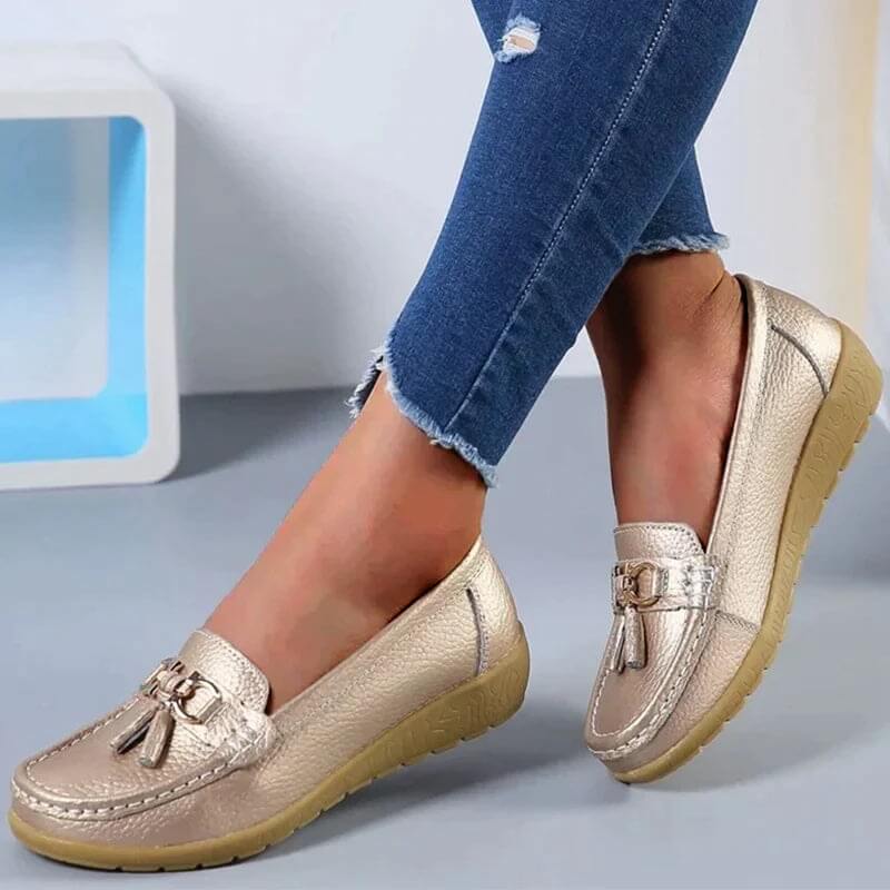 Women's leather loafers - flat walking shoes with tassels - casual office