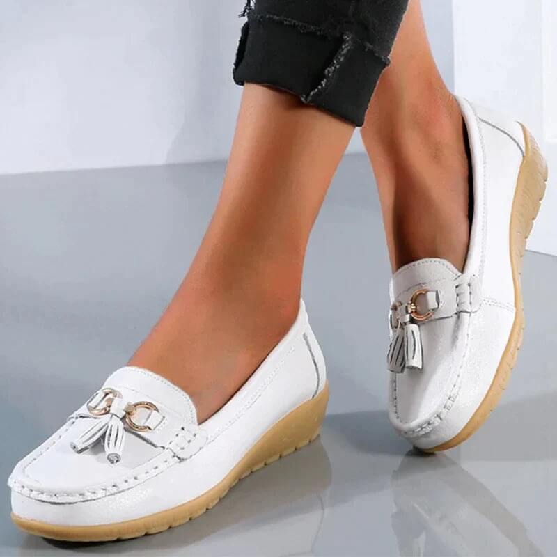 Women's leather loafers - flat walking shoes with tassels - casual office