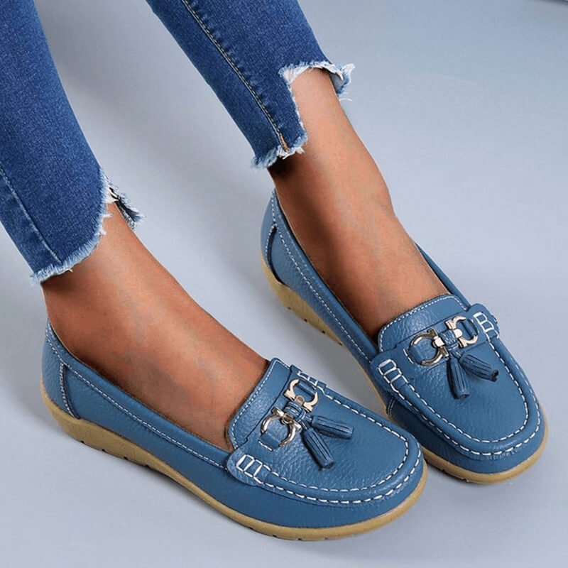 Women's leather loafers - flat walking shoes with tassels - casual office