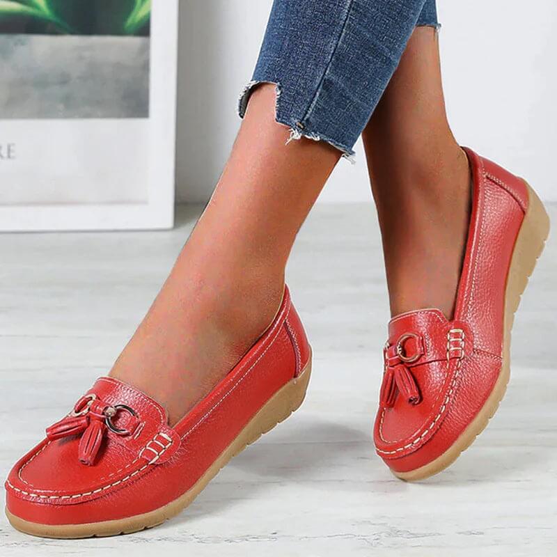 Women's leather loafers - flat walking shoes with tassels - casual office