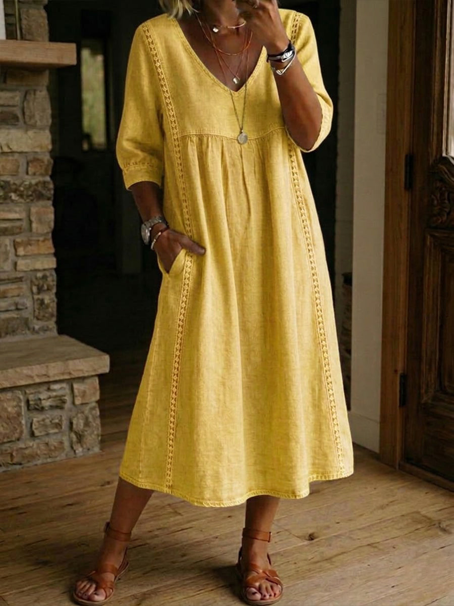 Women's casual maxi dress - V-neck patchwork design with half sleeves