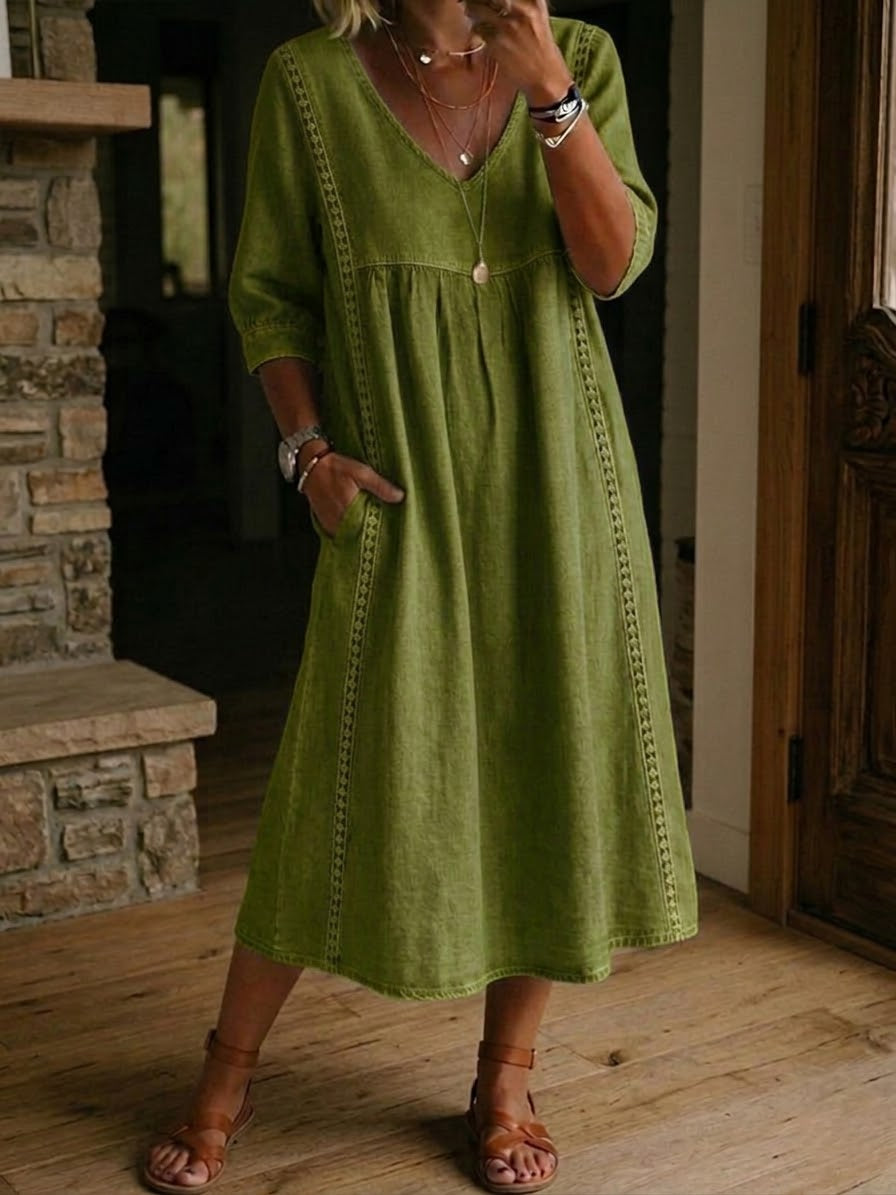 Women's casual maxi dress - V-neck patchwork design with half sleeves
