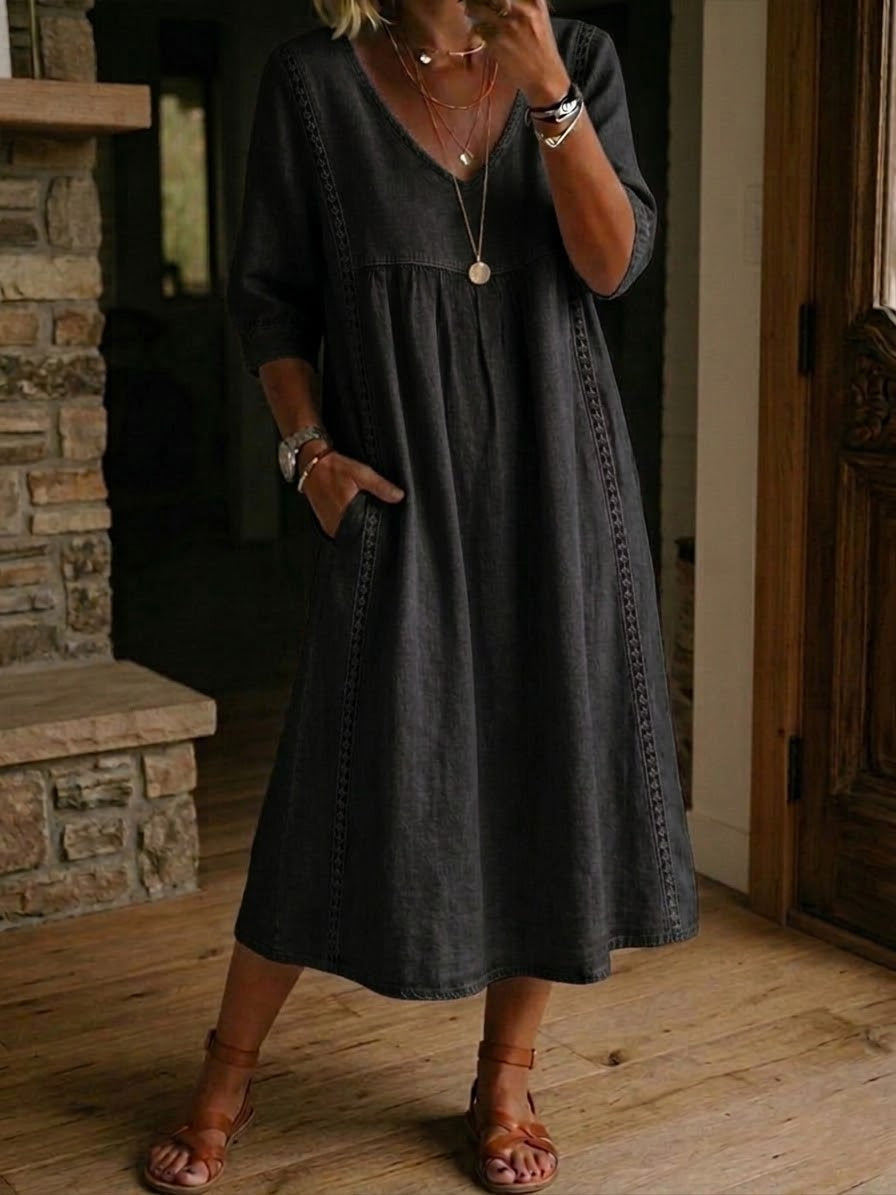 Women's casual maxi dress - V-neck patchwork design with half sleeves