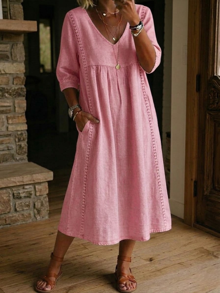 Women's casual maxi dress - V-neck patchwork design with half sleeves
