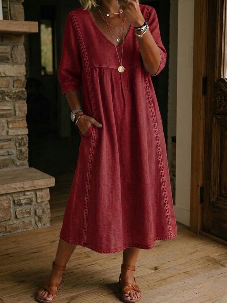 Women's casual maxi dress - V-neck patchwork design with half sleeves