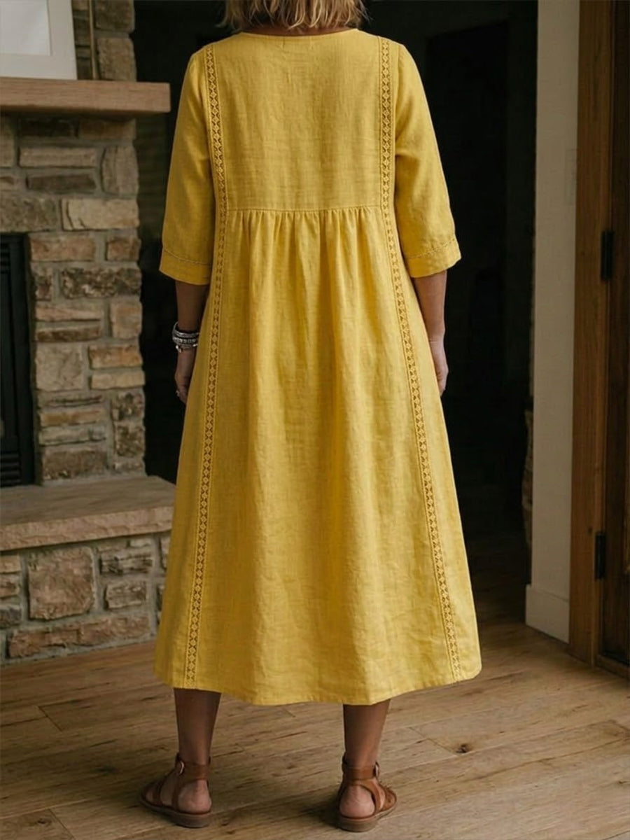 Women's casual maxi dress - V-neck patchwork design with half sleeves
