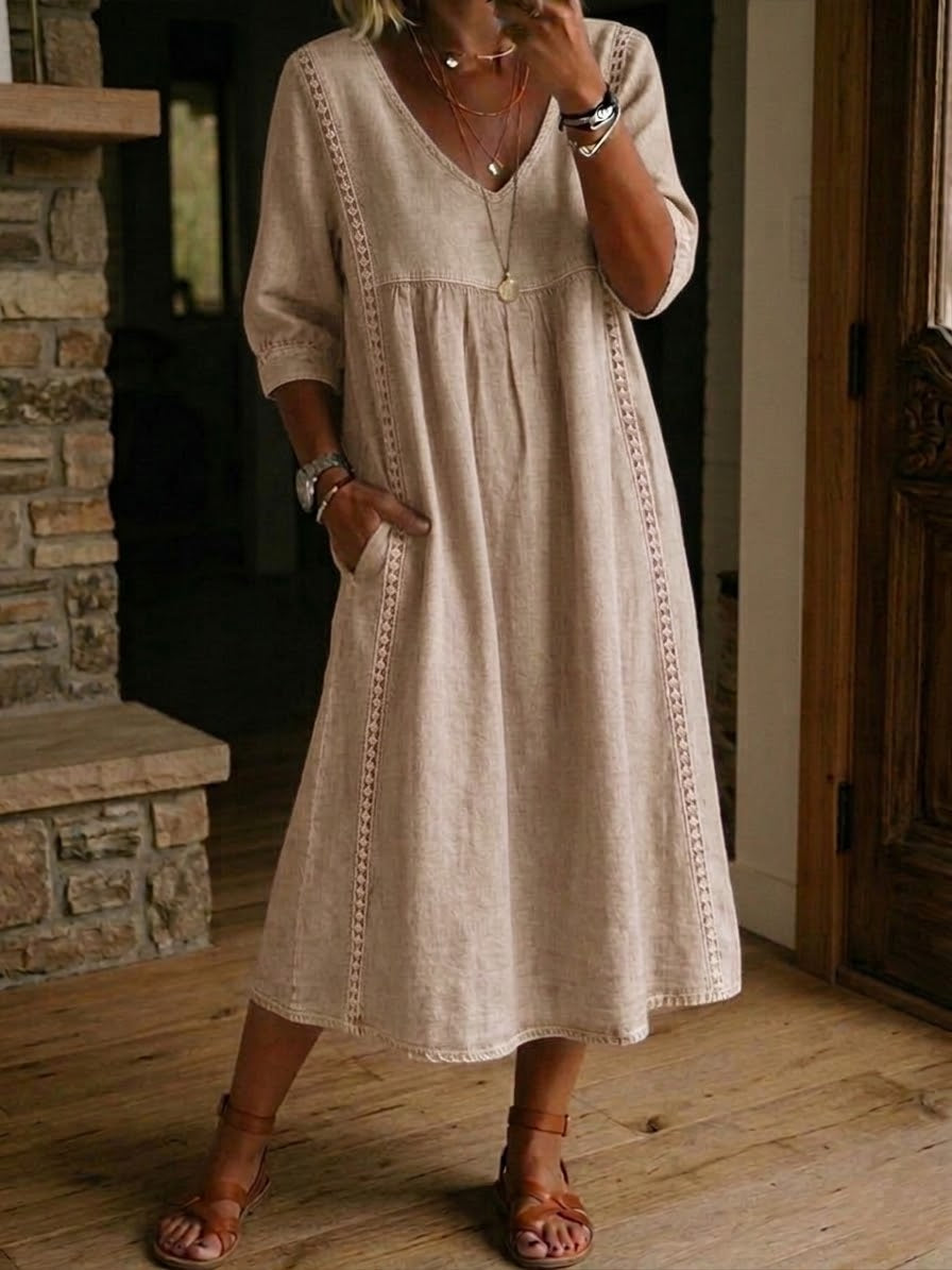 Women's casual maxi dress - V-neck patchwork design with half sleeves