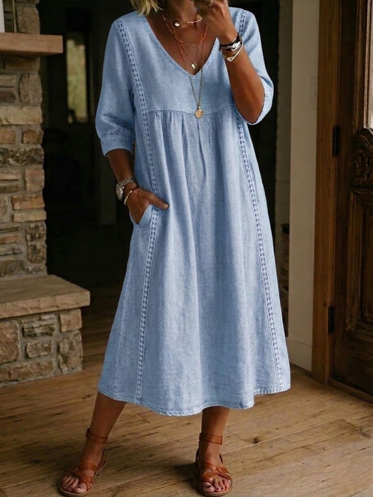 Women's casual maxi dress - V-neck patchwork design with half sleeves