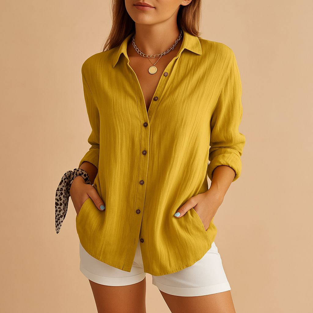Women's button-down blouse - relaxed fit shirt with pockets - office wear