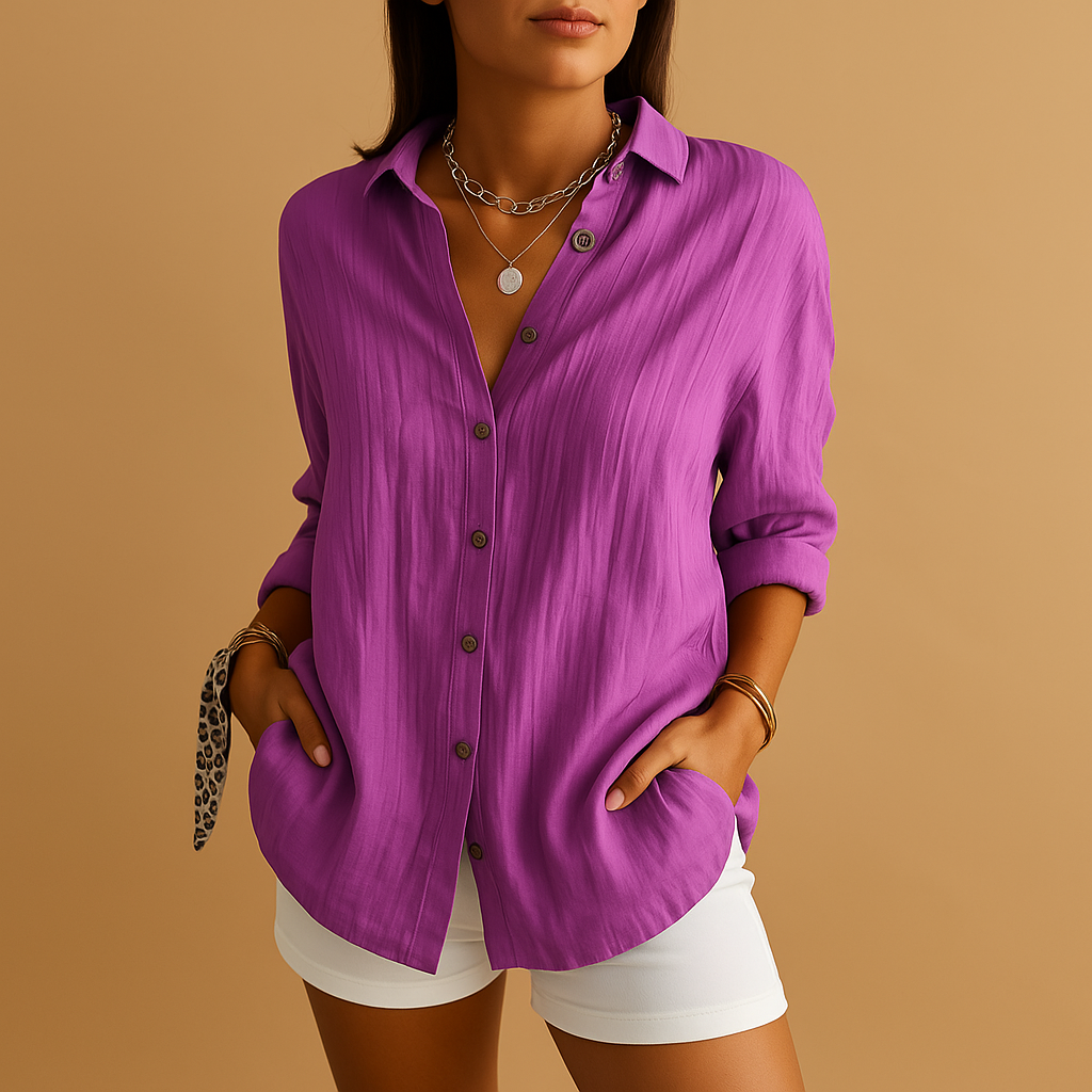 Women's button-down blouse - relaxed fit shirt with pockets - office wear