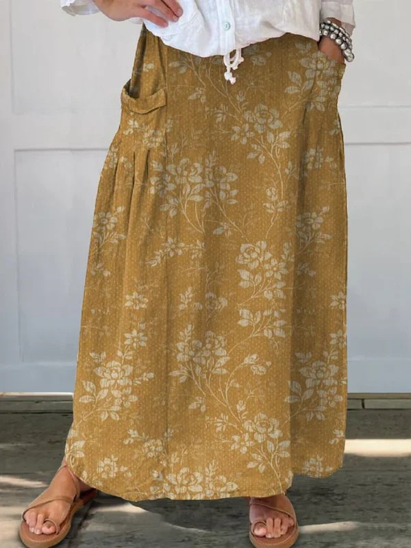 Maxi skirt for women - floral a-line with pockets - casual