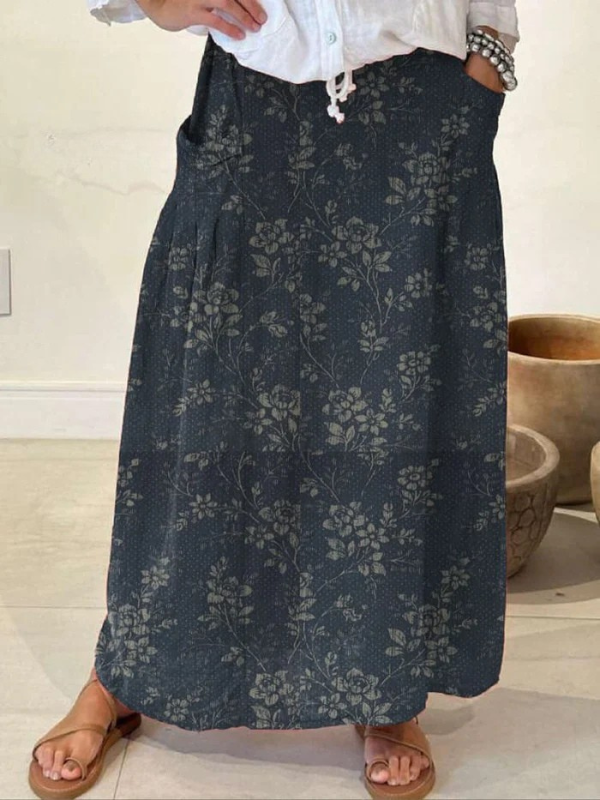 Maxi skirt for women - floral a-line with pockets - casual